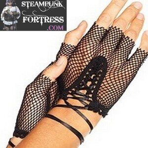 BLACK FINGERLESS FISHNET GLOVES LACE UP TIE WRIST LENGTH 80S COSPLAY COSTUME HAL